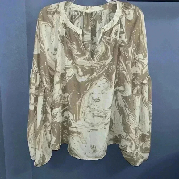 Tops - Polyester, size medium, cream, beige, and tan.